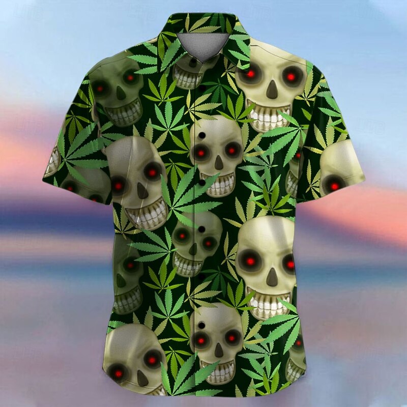 Men's Skull Halloween Costumes Button Up Shirt Short Sleeve Hawaiian Casual Vacation Party Evening Wear Daily Summer Collared Shirts Button Up 3D Print Green