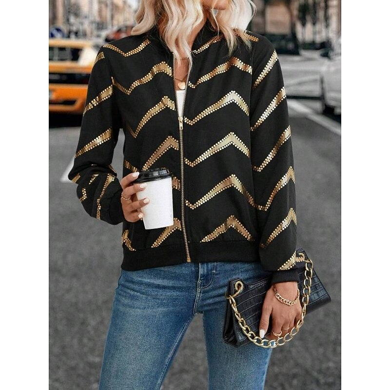 Women's Jacket Dailywear Zipper Geometric Windproof Vintage Regular Fit Outerwear Long Sleeve Spring Black S3