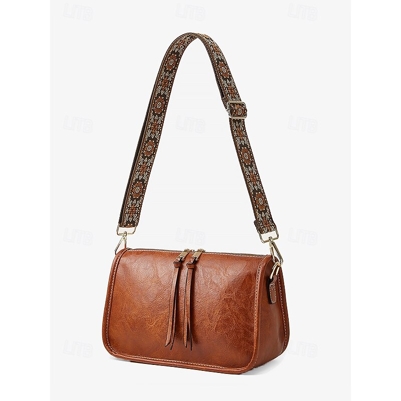 Women's Brown Faux Leather Shoulder Bag with Adjustable Patterned Strap - Stylish Crossbody Purse for Casual and Boho Chic Looks