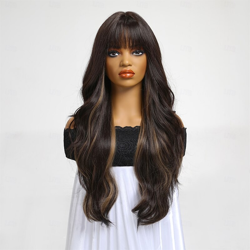 Synthetic Wig Uniforms Career Costumes Princess Straight kinky Straight Middle Part Layered Haircut Machine Made Wig 26 inch Dark Brown Synthetic Hair Women's Cosplay Party Fashion Dark Brown4