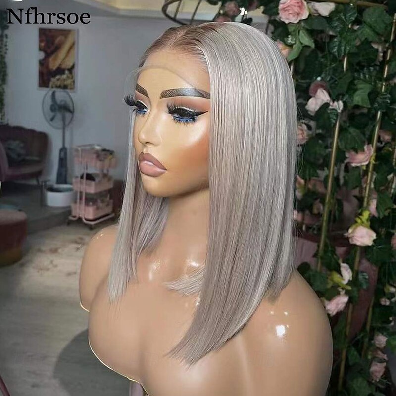 Remy Human Hair 13x6 Lace Front 13x4 Lace Front 4x4 Lace Front Wig Bob Short Bob Side Part Brazilian Hair Straight Dark Gray Blonde Wig 130% 150% 180% Density with Baby Hair Natural Hairline Glueless2