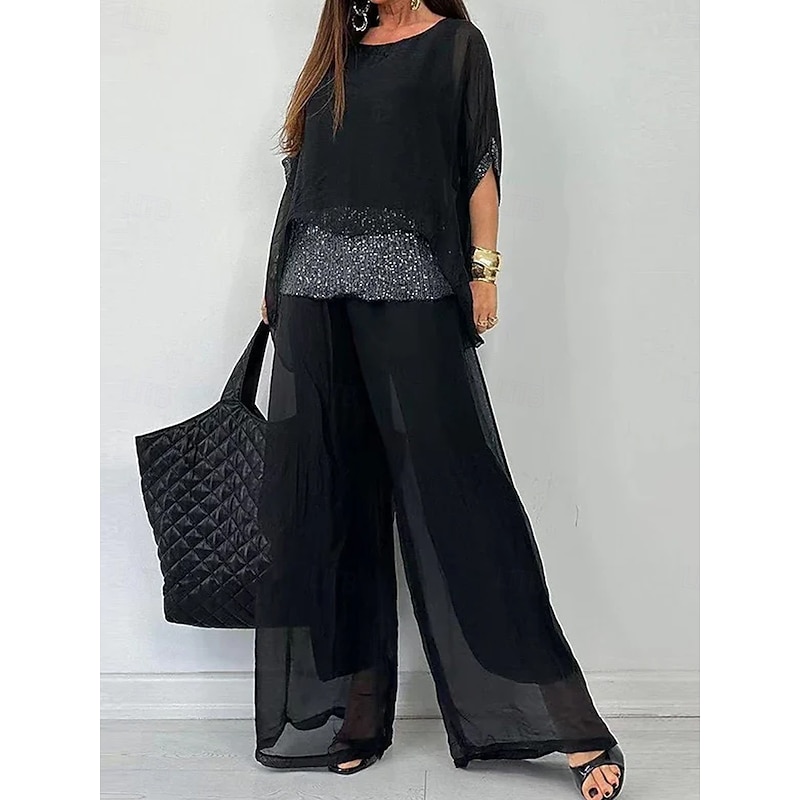 Women's Elegant Fashion Blouse Pants Trousers 3/4 Length Sleeve Round Neck Solid Color Sequins Mesh Work Daily Black Purple Brown Summer Loose Fit