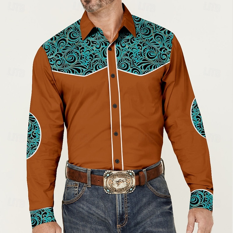 Men's Cowboy Western Shirt Button Up Shirt Cowboy Shirt Long Sleeve Vintage Western Style Formal Daily Holiday Fall Winter Spring & Summer Turndown Collared Shirts Button Up 3D Print Black Brown