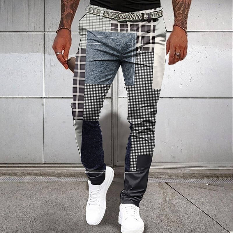 Men's Geometric Color Block Patchwork Dress Pants Mid Waist Vintage Casual Formal Dailywear Pocket Summer Spring Fall Black And White