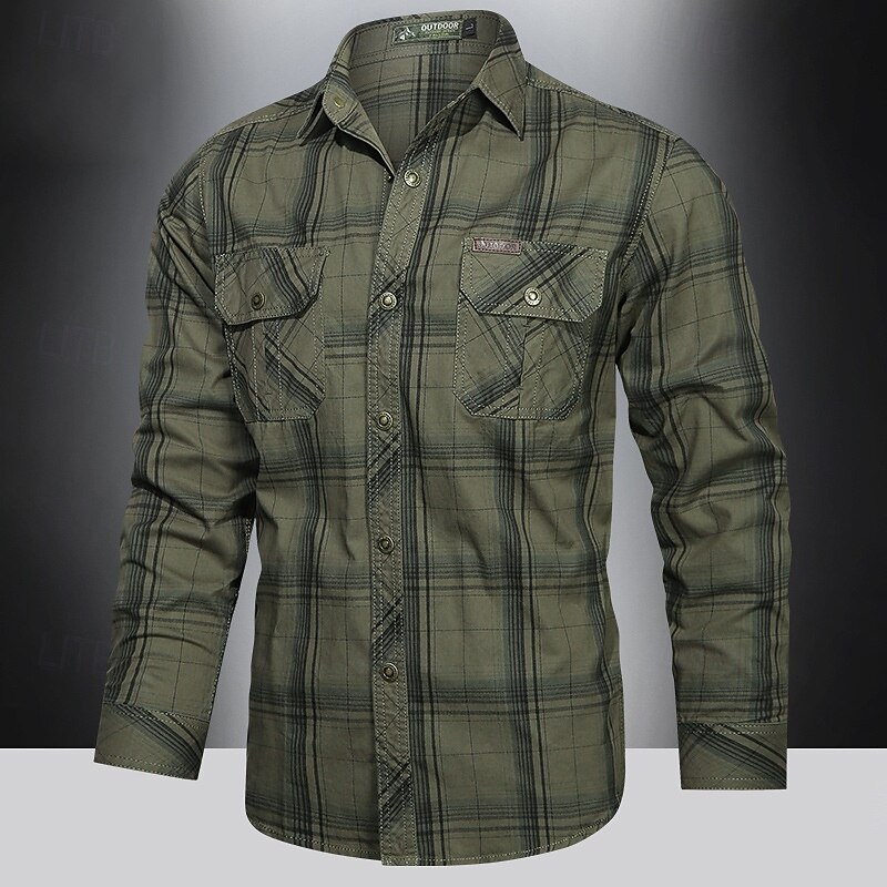 Men's Shirt Workwear Shirts Casual Shirt Work Shirt Button Up Shirt khaki Army Green Dark Blue Long Sleeve Plaid Lapel Vacation Holiday Front Pocket Clothing Apparel Polyester Fashion Casual4