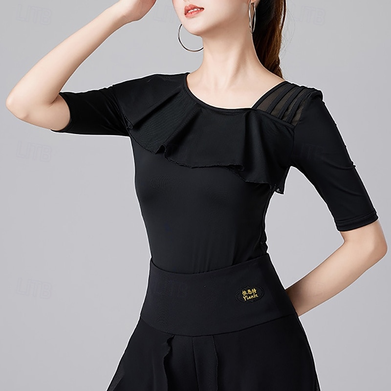 Latin Dance Top Ruffles Pure Color Splicing Women's Performance Training Half Sleeve High Nylon4