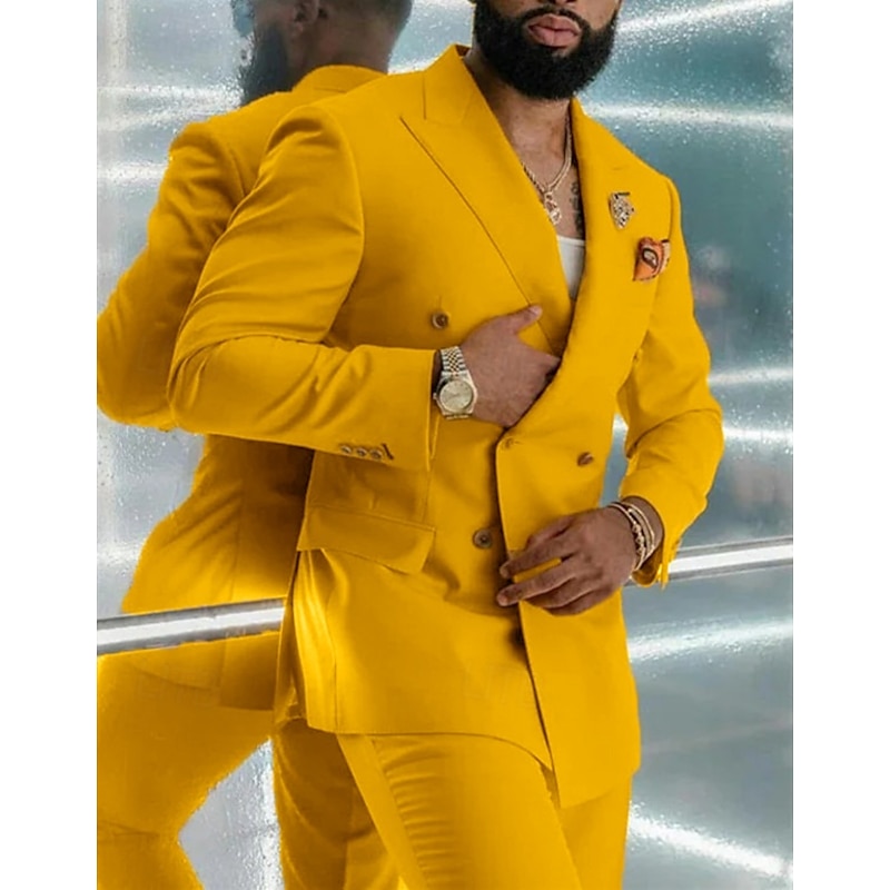 Men's Wedding Homecoming Suits Peaked Lapel Peak Yellow Red Daily Business Solid Colored Plus Size 2 Piece Double Breasted Six-buttons