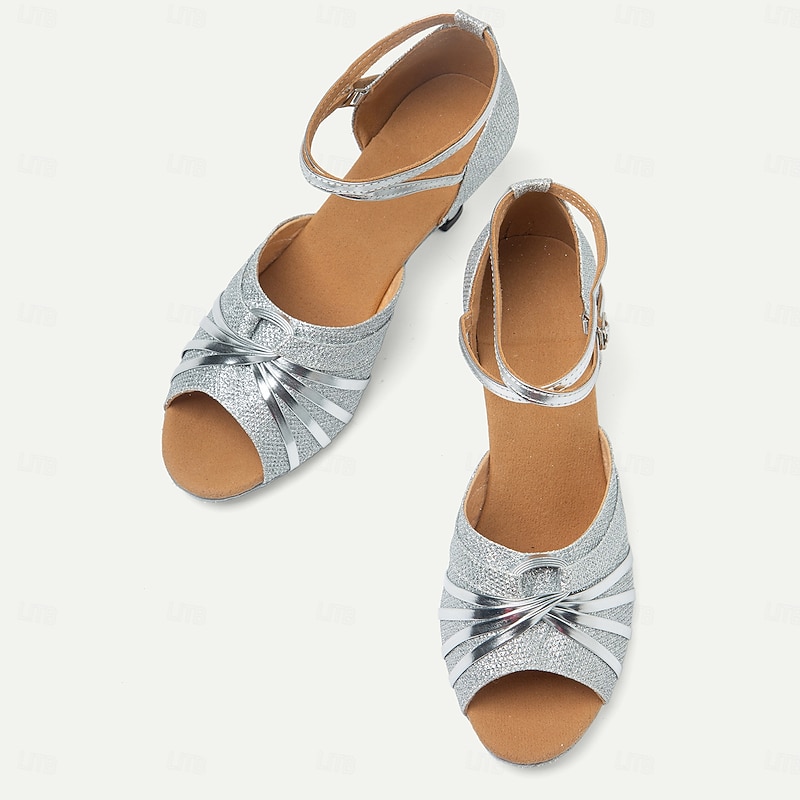 Women's Silver Glitter Dance Shoes with Crisscross Straps and Open-Toe Design - Ideal for Ballroom and Latin Dance3