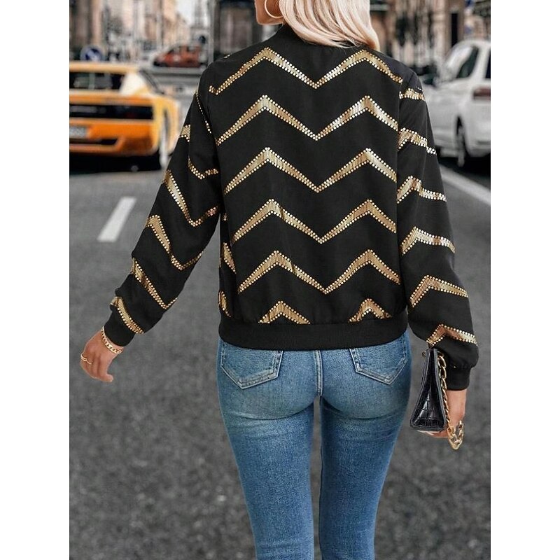 Women's Jacket Dailywear Zipper Geometric Windproof Vintage Regular Fit Outerwear Long Sleeve Spring Black S2