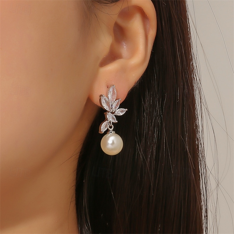 Elegant Pearl Drop Earrings with Crystal Leaf Design - Perfect for Weddings, Parties, and Formal Occasions