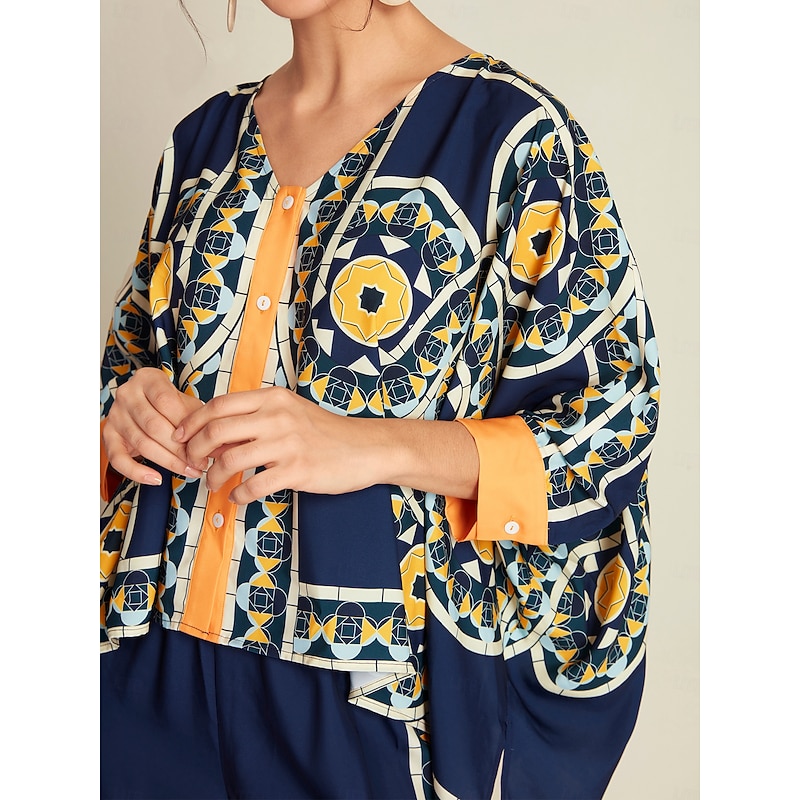 Women's Blouse Navy Blue Folk Magyar Long Sleeve V Neck Irregular Hem Casual Daily Cross Seasons2