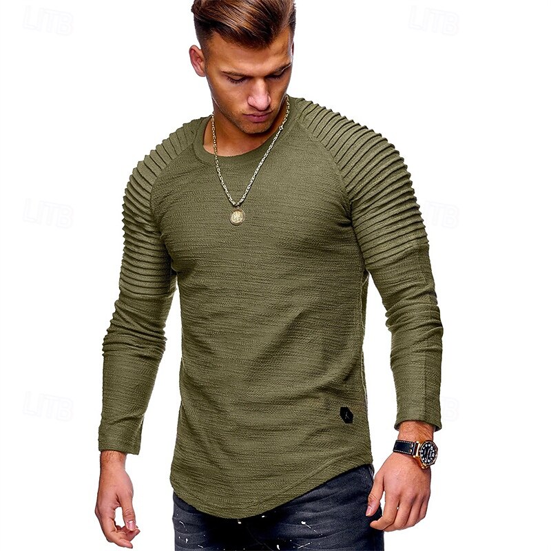 Men's T Shirt Tee Tee Top Long Sleeve Shirt Long Sleeve Crew Neck Spring &  Fall Plain Slim Pleated Fashion Designer Basic Patchwork Vacation Street Going out Black White Army Green Top Tee for Men3