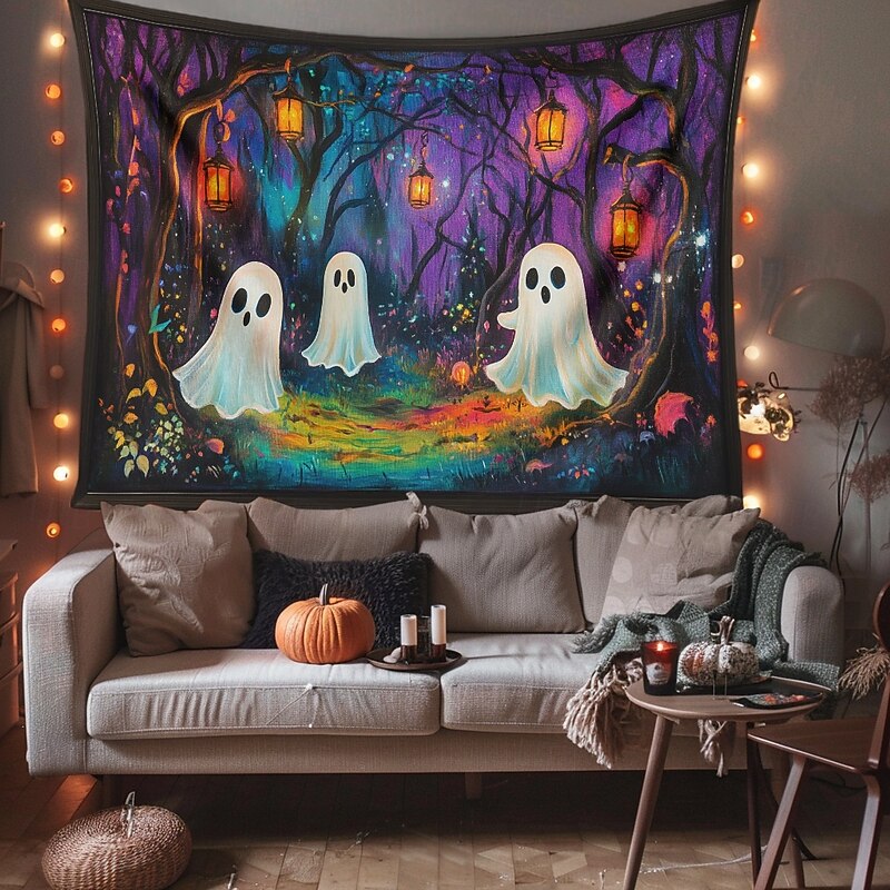 Halloween Decorations Hanging Tapestry Wall Art Large Tapestry Ghosts Forest Lighting Mural Decor Photograph Backdrop Blanket Curtain Home Bedroom Living Room Decoration3