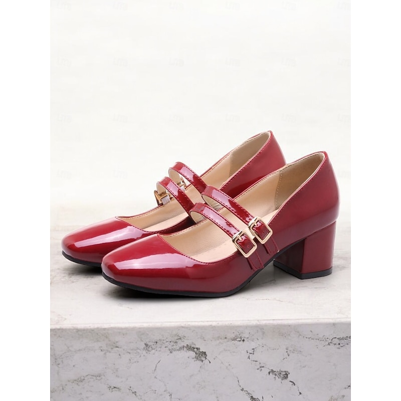Women's Cream Patent Leather Mary Jane Block Heels with Double Buckle Straps, Vintage-Inspired for Formal and Casual Wear