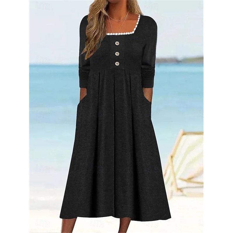 Women's Casual Dress Midi Dress Patchwork Button Vacation Streetwear Basic Square Neck 3/4 Length Sleeve Black White Wine Color3