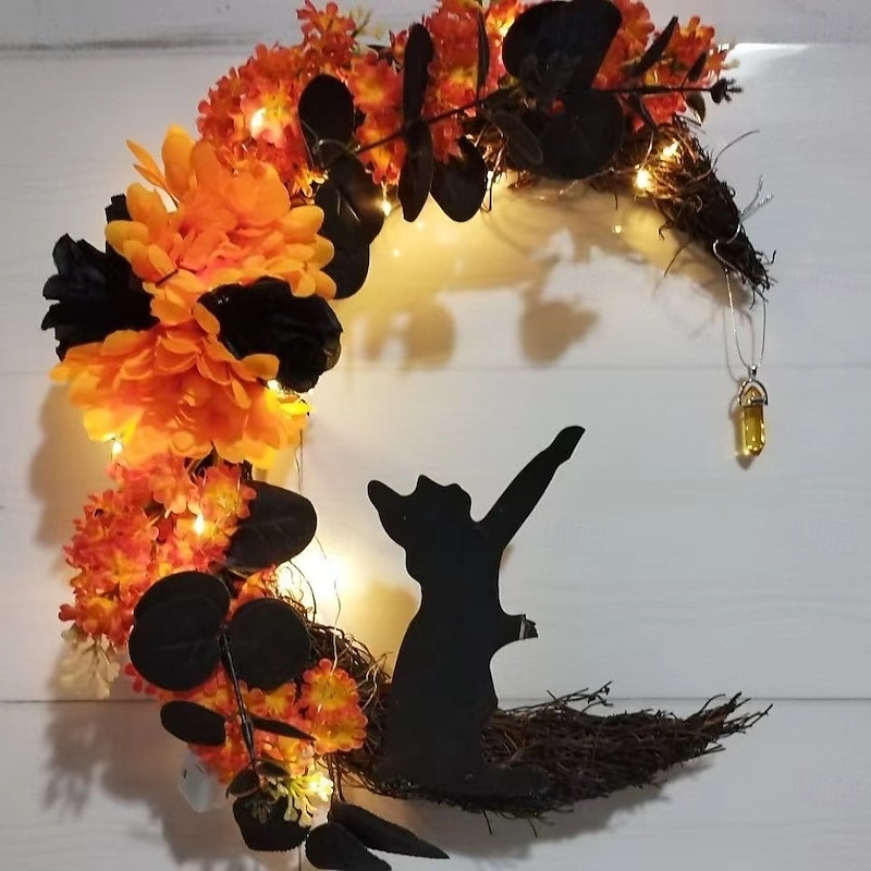 Creative Cat Wreath LED Night Light - Halloween Moon Cat Hanging Decor for Home and Window Display, Perfect Gift for Cat Lovers3
