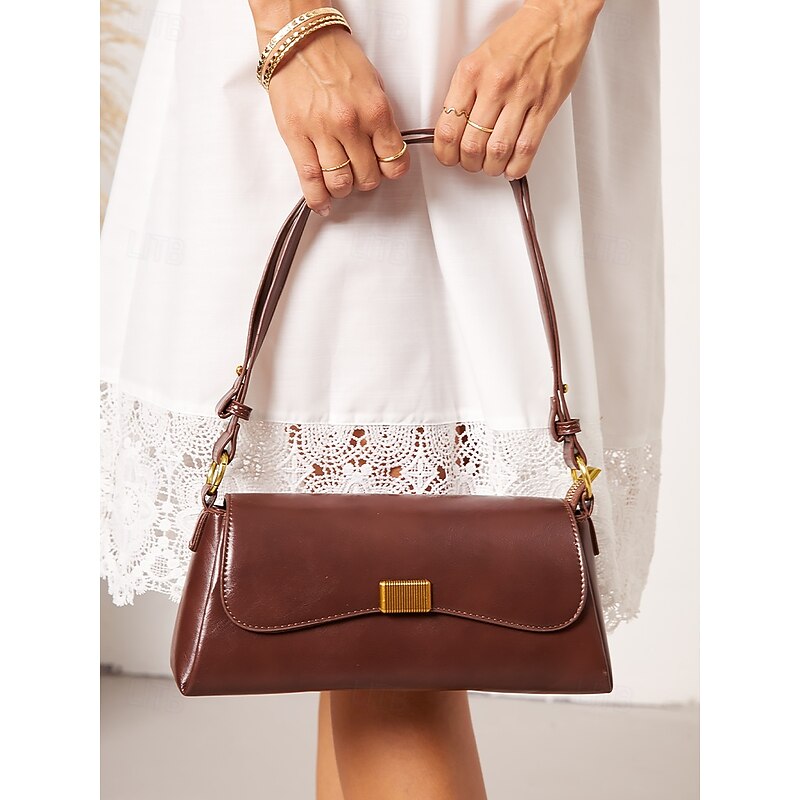 Women's Tote Baguette Bag PU Leather Office Shopping Daily Buckle Large Capacity Durable Solid Color Black White Brown3