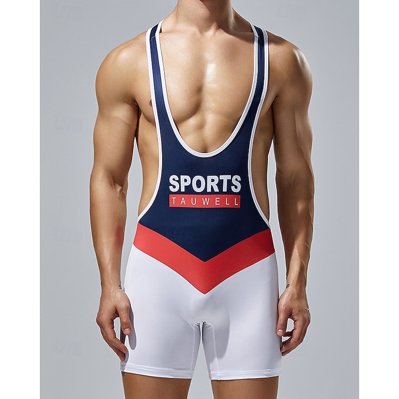 Men's Wrestling Suit Body Shaping Jumpsuit Shapewear Breathable Quick Dry High Stretch Summer Spring Polyester Outdoor Walking Jogging White Red2
