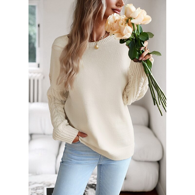 Women's Sweater Pullover Sweater Jumper Casual Sweater Fashion Streetwear Soft Solid Color Crew Neck Braided Long Sleeve Regular Tops Knit Work Weekend Black White Fall Winter4