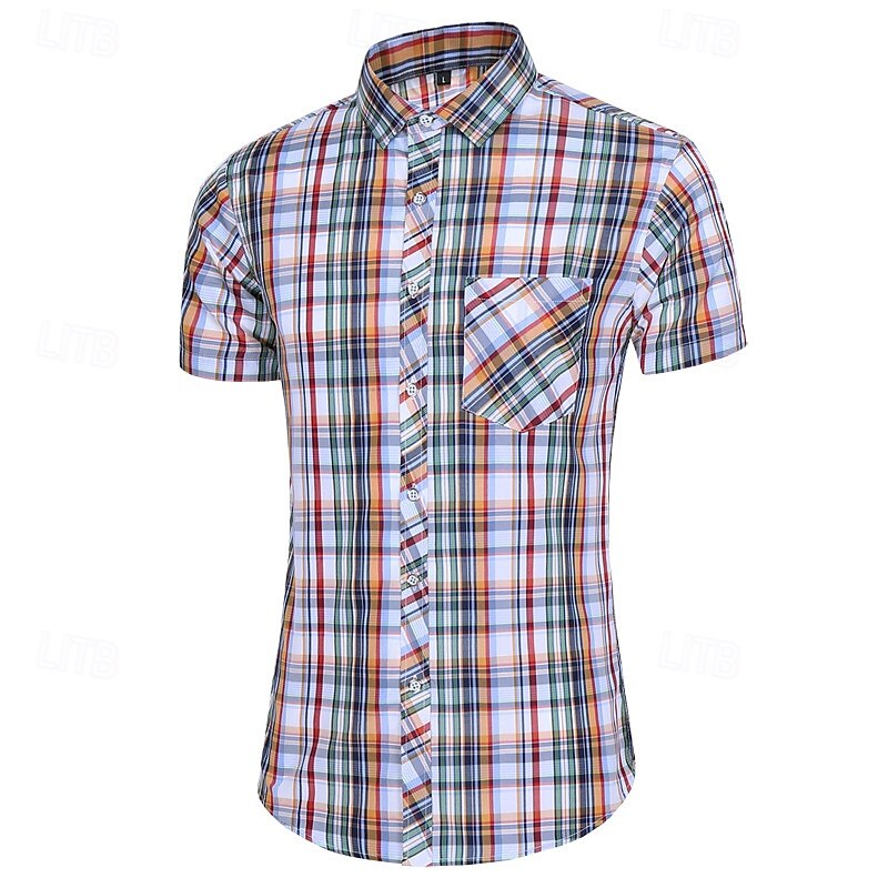 Men's Shirt Dress Shirt Button Up Shirt Plaid Party Work Red Blue Orange Light Sky Blue Short Sleeve Lapel Summer Clothing Apparel Front Pocket4
