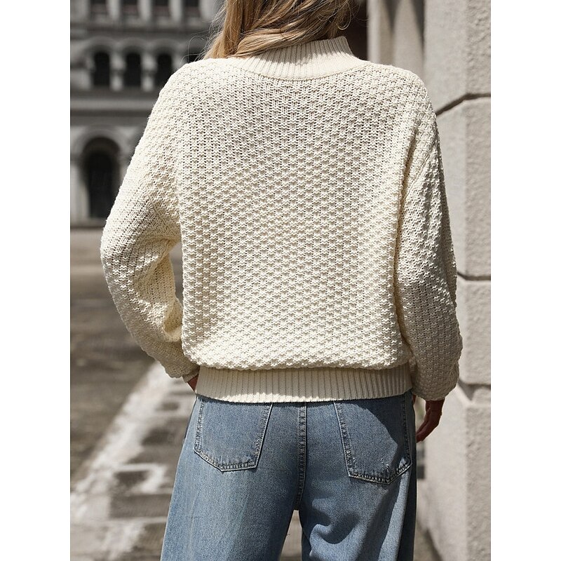 Women's Sweater Casual Soft Solid Color Mock Neck Textured Long Sleeve Regular Tops Knit Outdoor Work Daily Black White Fall Winter2