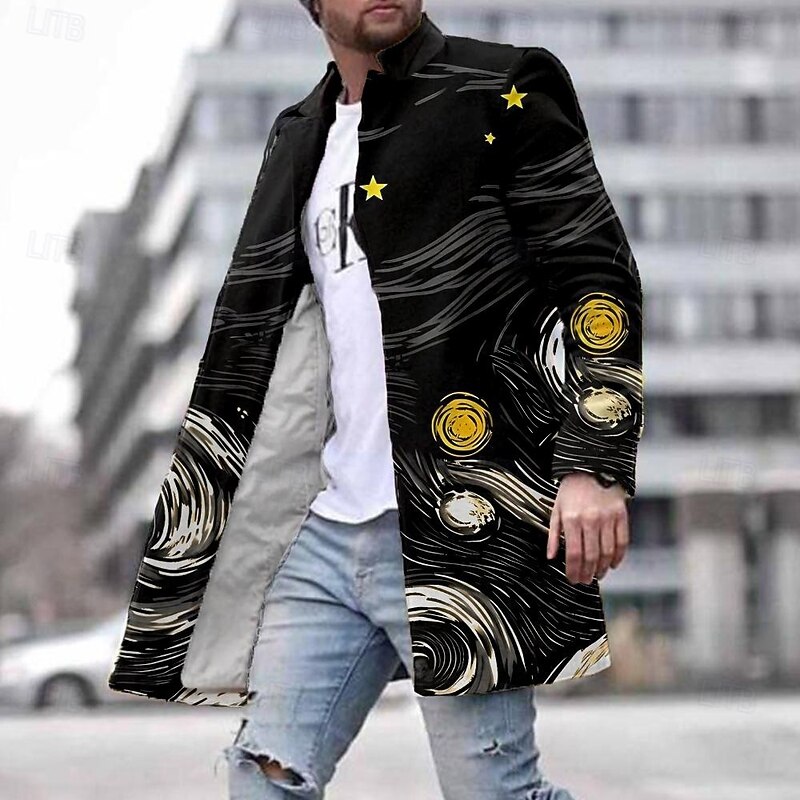 Men's Starry Sky Winter Coat Overcoat Coat With Pockets Casual Vacation Daily Wear Going out Print Front Pocket Fall & Winter Turndown Long Sleeve Black
