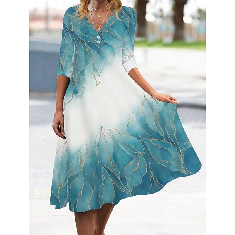 Women's Midi Dress Casual Dress Swing Dress A Line Dress Boho Dress Casual Vacation Daily Regular Fit Floral Leaf 3/4 Length Sleeve Split Neck Pink Blue Purple Fall3