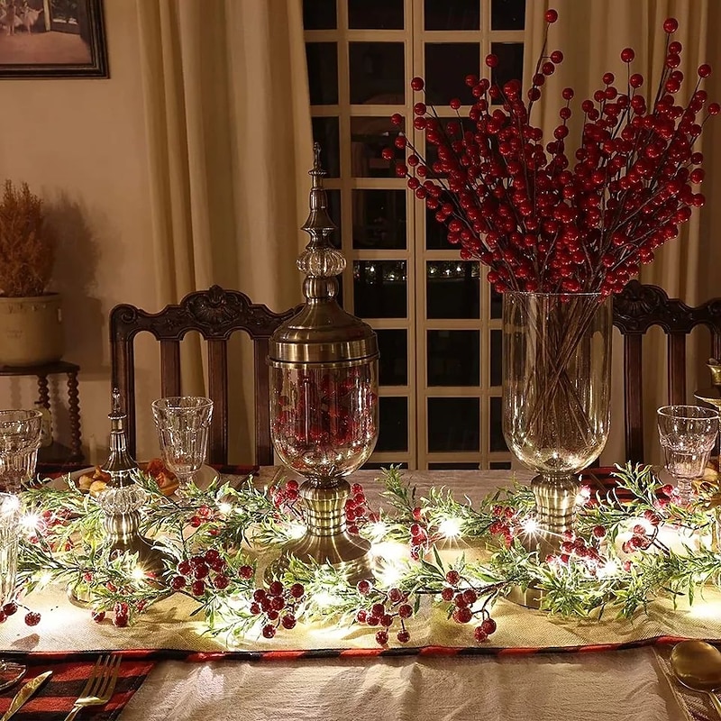 Christmas LED Red Fruit Cane Garland Lights Simulation Pine Branch Fairy Leaf String Light 1.8m 20LED Battery Powered Xmas Wedding Party Holiday Garden Home Decoration4