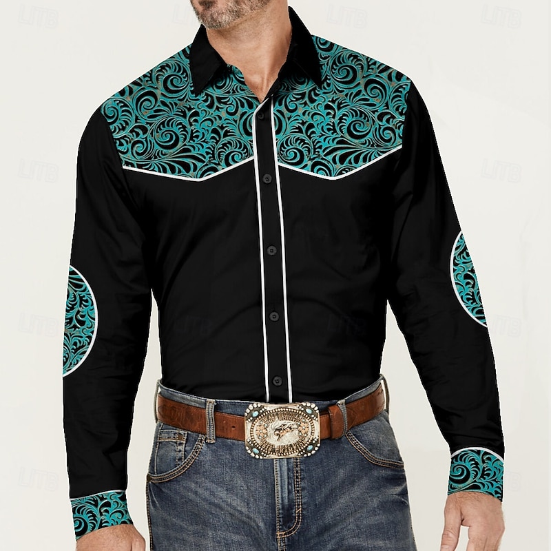 Men's Cowboy Western Shirt Button Up Shirt Cowboy Shirt Long Sleeve Vintage Western Style Formal Daily Holiday Fall Winter Spring & Summer Turndown Collared Shirts Button Up 3D Print Black Brown2