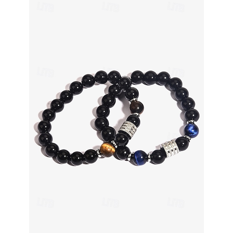Men's Natural Stone and Stainless Steel Beaded Bracelet - Tiger Eye and Black Onyx - Stylish and Durable Accessory3