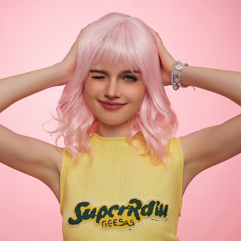 Synthetic Wig Uniforms Career Costumes Princess Curly Wavy Middle Part Layered Haircut Machine Made Wig 14 inch Pink+Red Synthetic Hair Women's Cosplay Party Fashion Pink2