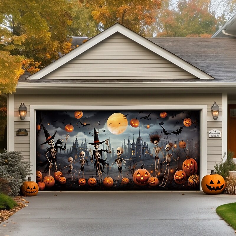 Halloween Door Decorations Outdoor Halloween Garage Door Cover Jack O Lantern Banner Large Tapestry Backdrop Decoration for Holiday Outdoor Garage Door Home Wall Decorations