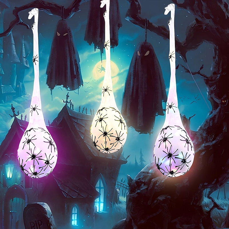 3 Pack Hanging Light Up Spider Egg, Halloween Decoration, Sacs Large Halloween Spider and Spider Web with Solar String Light Spider Props for Halloween Indoor Outdoor Party Decor3
