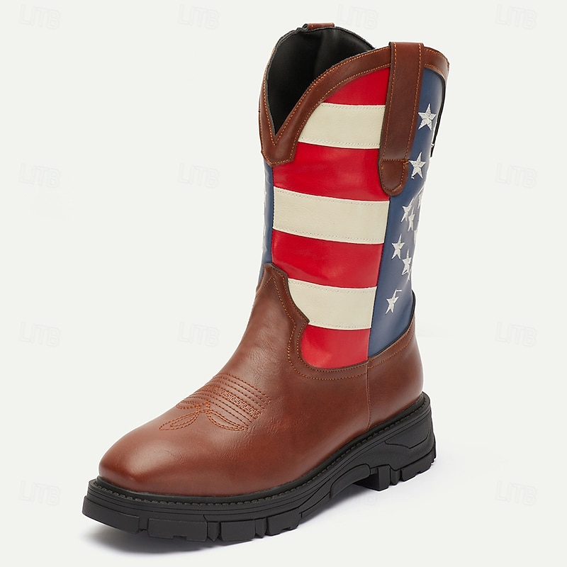 Men's American Flag Western Cowboy Boots with Rugged Sole - Patriotic Faux Leather Boots for Outdoor and Casual Wear4