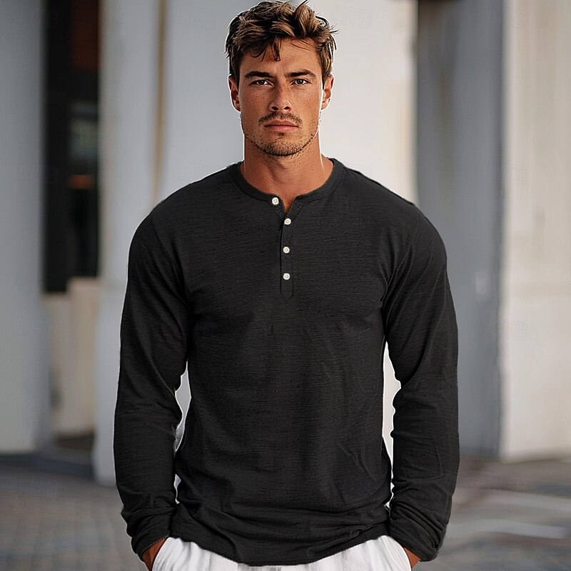 Men's 100% Cotton T-Shirt Solid Color Crew Neck Normal Outdoor Gift Long Sleeve Button Crewneck Clothing Apparel Daily Sports & Outdoors4