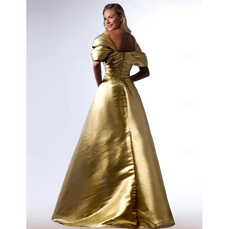 A-Line Evening Gown Elegant Dress Formal Floor Length Short Sleeve Square Neck Pocket Satin with Pleats2