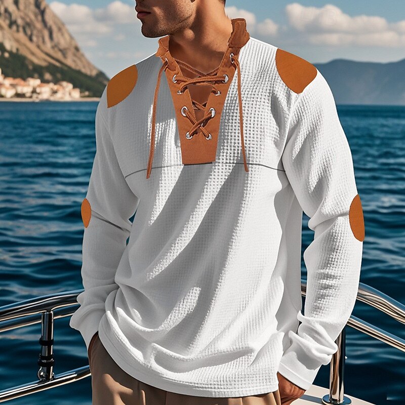 Men's Waffle Shirt T Shirt Tee Tee Top Long Sleeve V Neck Spring &  Fall Color Block Fashion Designer Basic Drawstring Vacation Street Going out Black White Royal Blue Top Tee for Men3