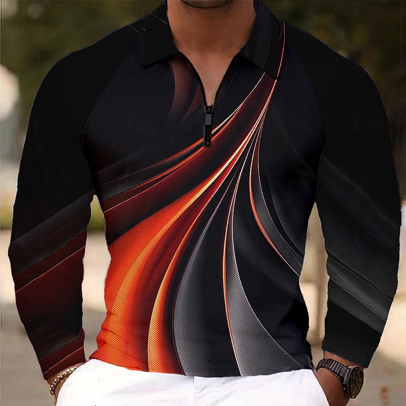 Men's Graphic Geometric Polo Shirts Golf Polos Shirts Long Sleeve Polo Shirts Collar Casual Vacation Dailywear Zipper 3D Print Spring Fall & Winter Black
