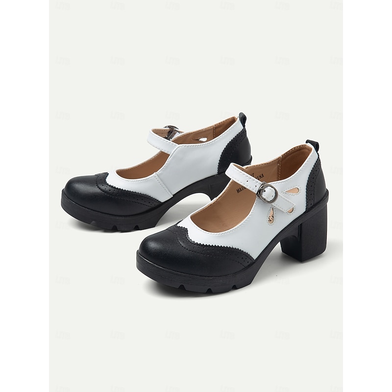 Women's Vintage Black and White Mary Jane Chunky Heel Shoes - Retro Brogue Style for Office and Casual Wear4
