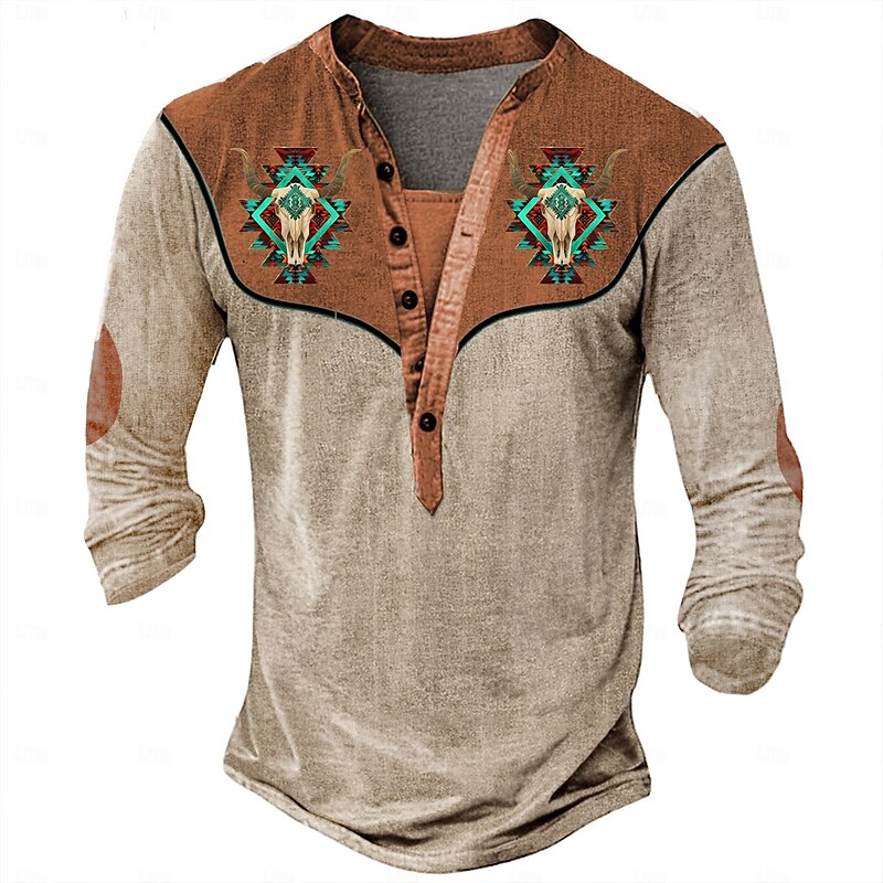 Men's Tribal Cowboy T Shirt Henley Shirt Long Sleeve 3D Print Designer Retro Vintage Western Style Street Casual Daily Summer Spring Fall Light Brown Blue Brown Henley Henley T-Shirt4