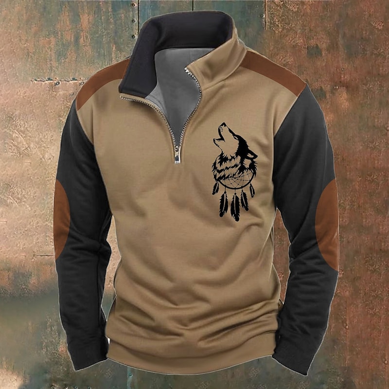 Men's Wolf Sweatshirts Quarter Zip Sweatshirt Long Sleeve Sweatshirt Stand Collar Half Zip Basic Vintage Retro 3D Printing Hunting Zipper Half Zip Winter Spring &  Fall4