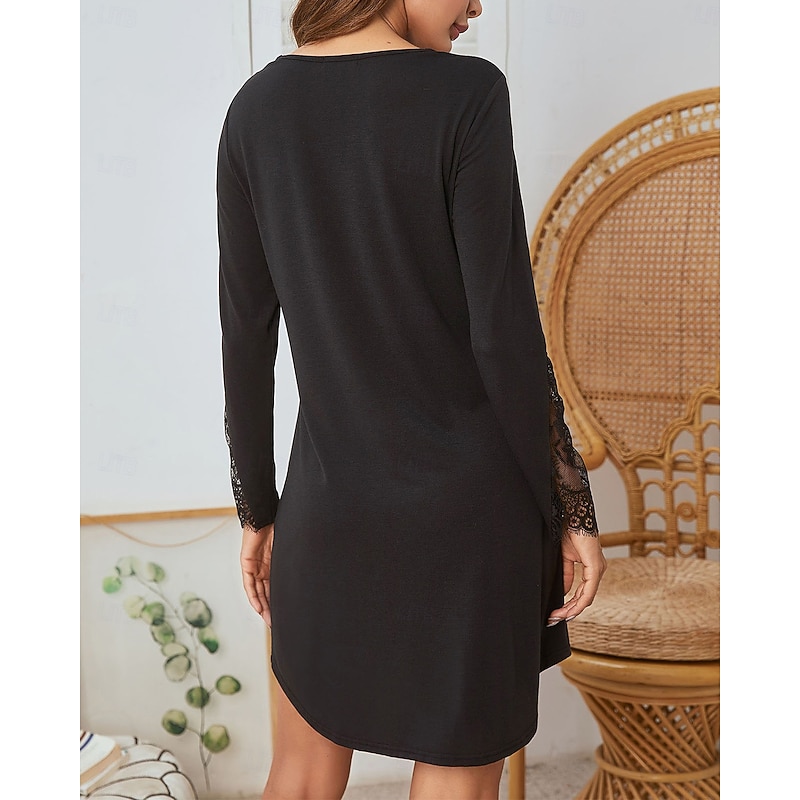 Women's Pajamas Nightgown Pure Color Casual Comfort Home Daily Bed Comfort V Neck Long Sleeve Button Lace Spring Fall Black Light Grey Home Outfits2