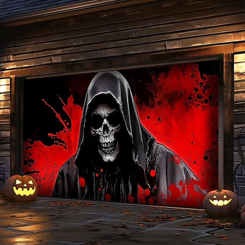 Halloween Door Decorations Outdoor Halloween Garage Door Cover Skeletons Banner Large Tapestry Backdrop Decoration for Holiday Outdoor Garage Door Home Wall Decorations 17