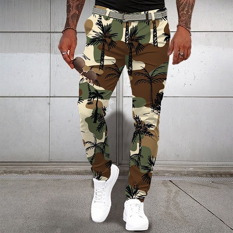 Men's Dress Pants Buttons Pocket 3D Print Camo Full Length Business Casual Vacation Green Inelastic