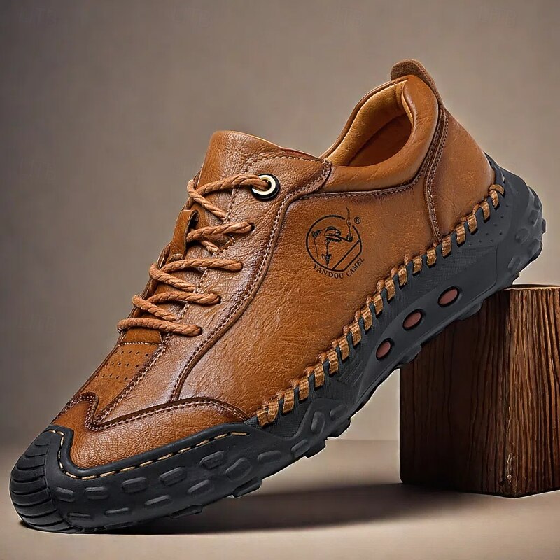 Men's Brown Faux Leather Casual Shoes with Handcrafted Stitching and Durable Rubber Sole for Outdoor Activities