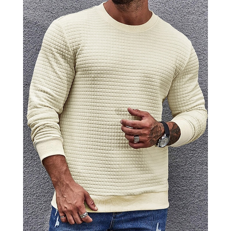 Men's Sweatshirt Waffle Sweatshirt Black Dark Gray Beige Crew Neck Plain Ribbed Textured Knit-texture Sports & Outdoor Daily Holiday Polyester Streetwear Basic Casual Spring &  Fall Clothing Apparel3