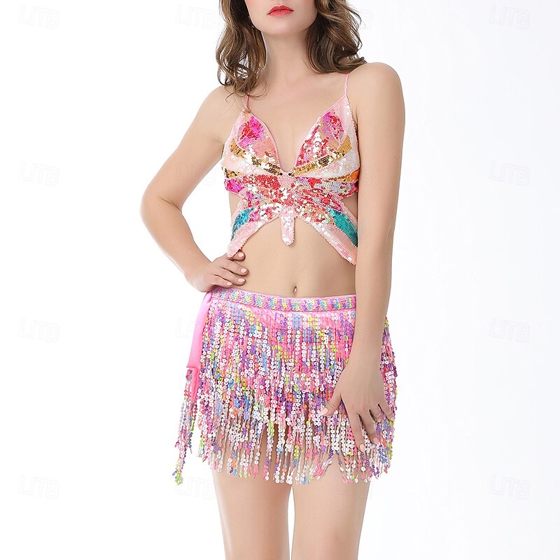 Belly Dance Vest Glitter Tassel Splicing Women's Performance Training Sleeveless Natural Sequined4