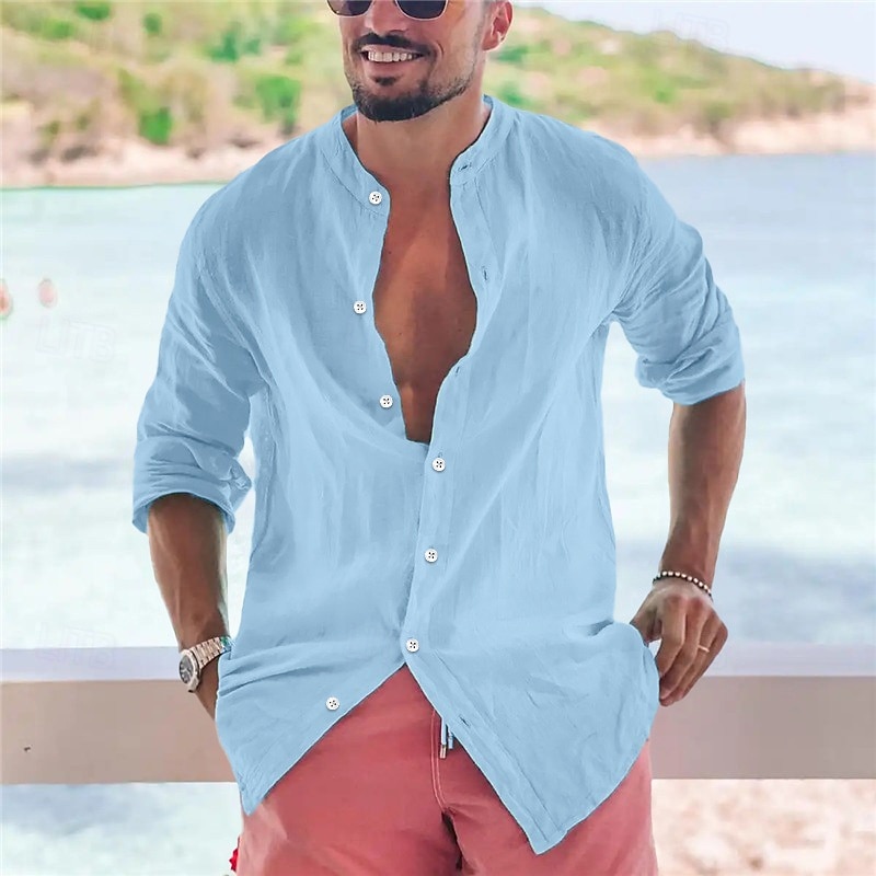 Men's Shirt Band Collar Shirt Popover Shirt Summer Shirt Beach Wear Button Up Shirt Plain Vacation Curise Black White Pink Green Long Sleeve Band Collar Spring & Summer Clothing Apparel2