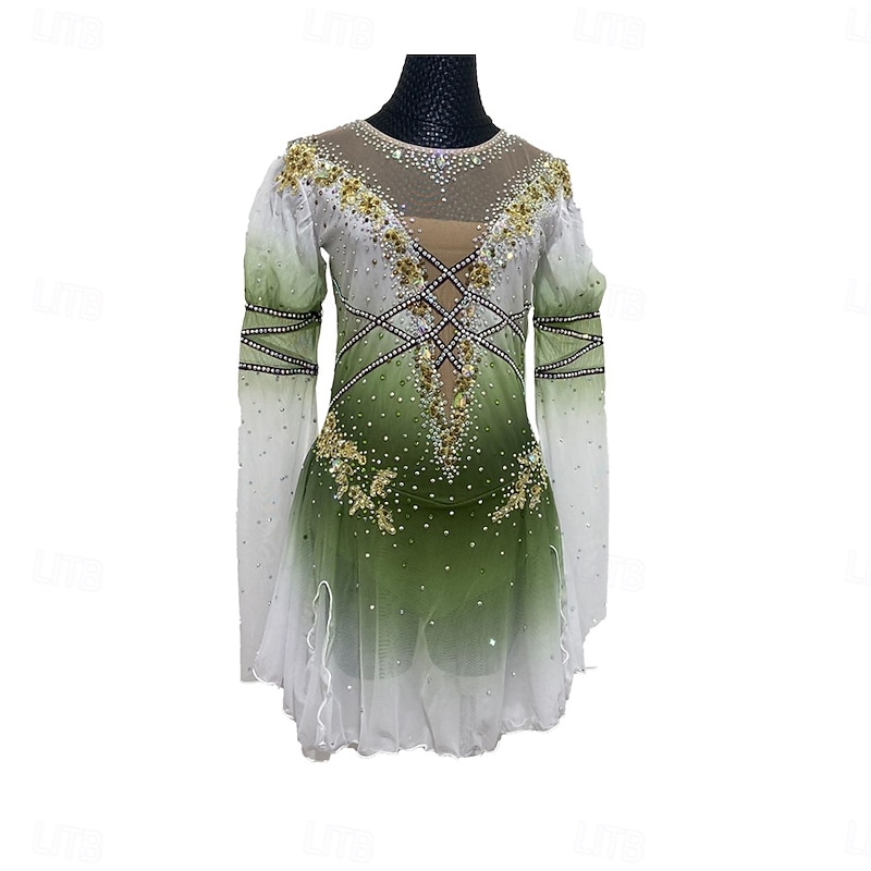 Figure Skating Dress Women's Girls' Ice Skating Dress Forest Green Patchwork Thumbhole Mesh Spandex Stretchy Training Practice Professional Skating Wear Thermal Warm Crystal / Rhinestone Long Sleeve