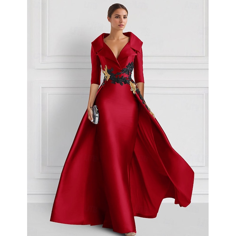 Red A-Line Vintage Embroidered Evening Gown Elegant Dress Tuxedo Dress Formal Floor Length 3/4 Length Sleeve Shirt Collar Satin with Appliques2